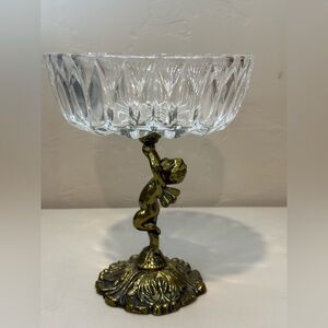 VTG Hollywood Regency Crystal Compote Bowl With Cherub Glass Foot Candy Fruit